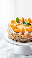 Apricot cake, white background, copy space