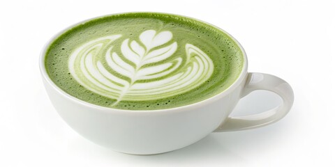 Matcha Latte Art Frothy Green Beverage in White Cup, Matcha, Latte Art