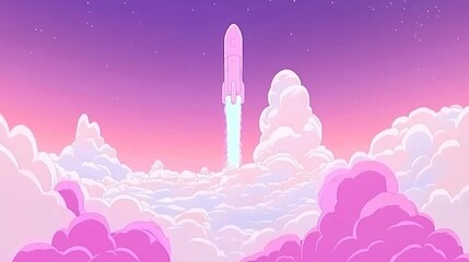 Pink rocket launching through pastel clouds at sunset, starry night background; startup concept