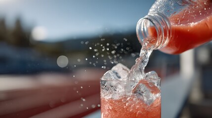 Refreshing drink being poured over ice, creating splashes.