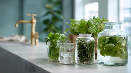 Fresh herbs in glass containers on a kitchen counter with a stylish faucet.