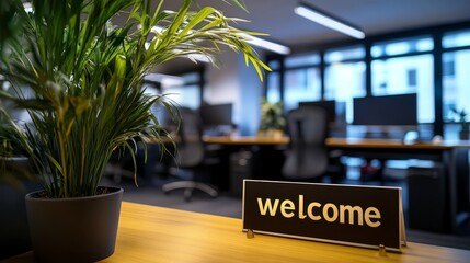 A friendly onboarding experience symbolized by a  welcome  sign in a modern office environment