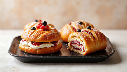 Delicious croissants are filled with cream and berry compote, topped with fresh berries and dusted with powdered sugar