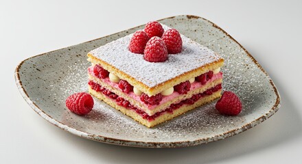 A square dessert featuring layers of raspberry filling and fluffy cake