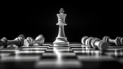 Strategic Dominance: A Lone King Amidst Fallen Chess Piece in Monochrome