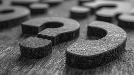 Question marks on wooden surface, monochrome, blurred, depth of field