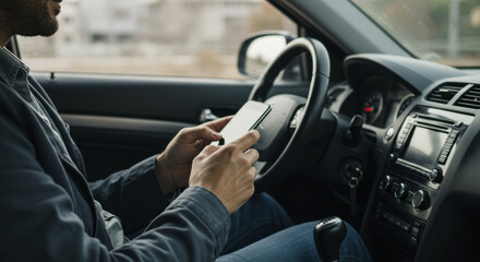 Man Sitting in Car Holding Smartphone While Parked