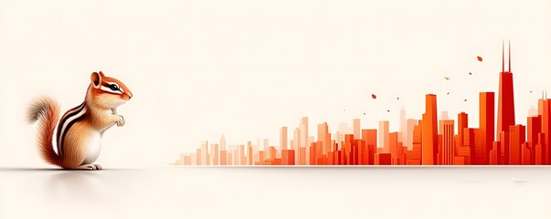 Chipmunk exploring urban landscape city skyline digital art vibrant colors close-up nature meets city life