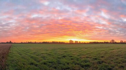 Fototapeta premium Sunrise over field landscape with colorful sky nature scene