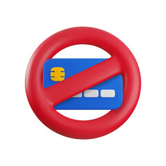 Vector cartoon 3d blocked credit card icon. Realistic 3d render of blue debit card in red circle prohibition sign. Online payment forbidden, no credit card allowed concept, cash only symbol.
