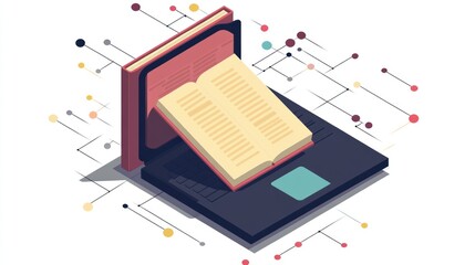 Open book on laptop, digital network background, e-learning concept