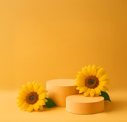 Pastel Peach Podium Display with Sunflowers – Minimalist Summer Studio Scene, Soft Light and Warm Yellow Background for Beauty or Wellness Branding
