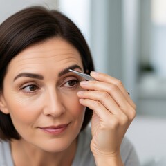 Close-up of woman plucking eyebrow using tweezers