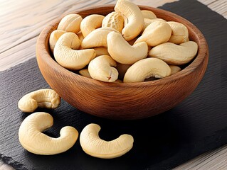 Delicious Roasted Cashews in Wooden Bowl, Healthy Snack Food