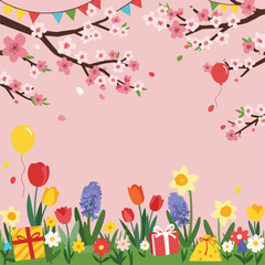 This charming illustration showcases a festive garden scene with vibrant tulips, daffodils, and hyacinths, complemented by presents, balloons, and blossoming cherry branches above.