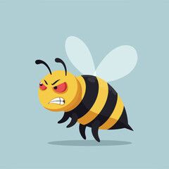 An angry-looking cartoon bee with black and yellow stripes is depicted with its wings out, a scowling face, red eyes, and clenched teeth, against a blue background.