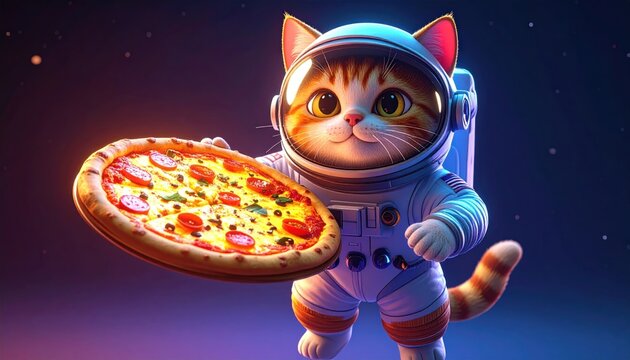 Space cat in spacesuit holds pizza against a starlit, colorful background