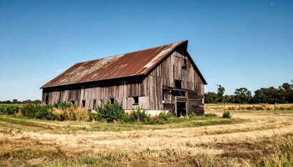 Obraz premium Weathered barn stands in a dry field under a blue sky, rustic texture visible