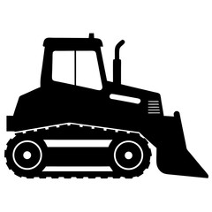 Black Silhouette of a Powerful Bulldozer on White Background
