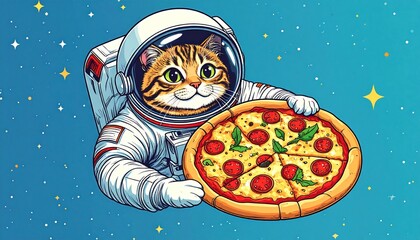 Cat astronaut holding pizza in space, blue background with stars