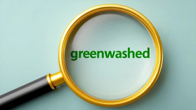 Greenwashed: A conceptual shot, the word 'greenwashed' is amplified under a magnifying glass, symbolizing the critical examination of environmentally dubious practices.