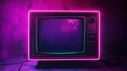 Retro glitch TV with purple neon lights and static screen in surreal pink and purple foggy environment, vintage electronics aesthetic, digital art concept for cyberpunk, nostalgia