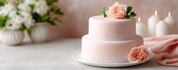 Fototapeta premium Elegant cake with floral decorations, surrounded by soft lighting and delicate elements.