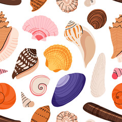 Seamless pattern with sea shells, mollusks, starfish. Tropical beach shells. Summer seamless pattern. Vector illustration in flat modern style