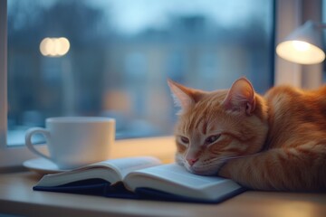 Ginger cat resting on book with warm cup cozy indoor scene