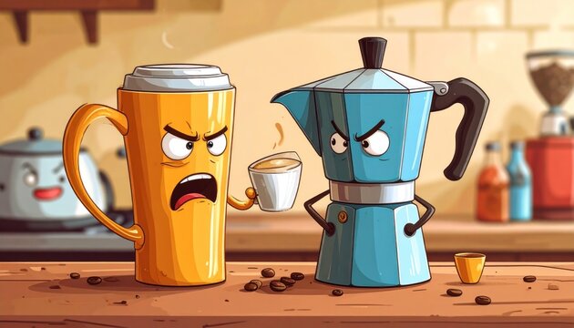 Animated coffee cup and stovetop espresso maker argue fiercely over a small cup - Powered by Adobe
