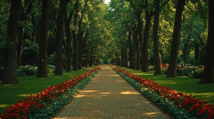 Tranquil park pathway lined with trees and flowers