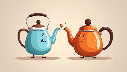 Teapots with expressions. Broken spout with sad look, beige background