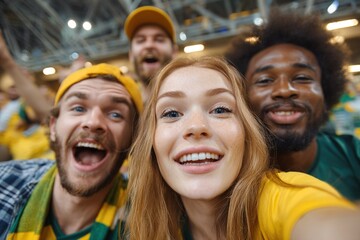 Group of cheerful sports fans celebrating during match at stadium. High quality