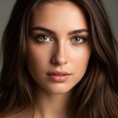 Obraz premium Natural beauty woman portrait. Natural looking green eye young woman beauty portrait, studio shot, brunette, long hair