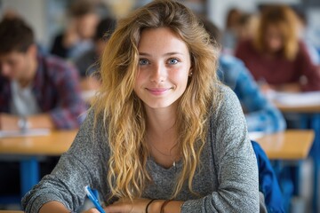 Happy female student having an exam at college classroom and looking at camera. High quality