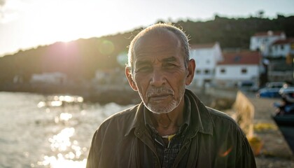 Elderly man portrait, weathered face, sunlit coast background with buildings and water at sunset