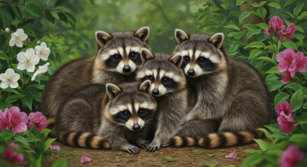 Obraz premium Raccoon Family Huddle in Blossoms - Four raccoons snuggled together amidst blooming flowers. A heartwarming wildlife scene