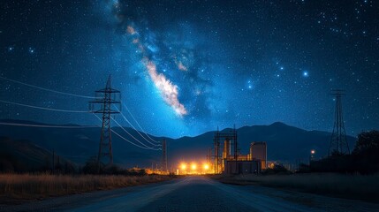 Night scene buildings under a starry sky with mountain backdrop, power lines overhead