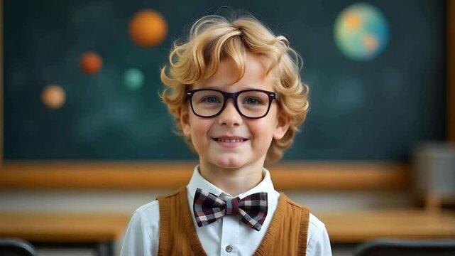 Smart young boy with glasses and a dickie bow tie in front a blackboard at school
