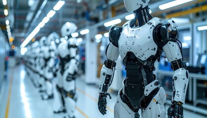 Row of humanoid robots standing in a bright industrial manufacturing setting