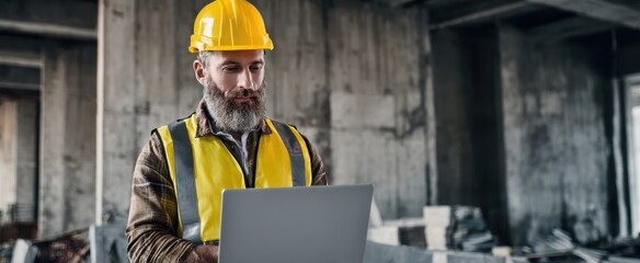 The construction worker using a laptop on a building site.