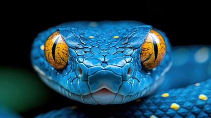 Blue snake close-up eyes face details, black background natural light sharp focus professional grading low contrast for nature documentary, science education, environmental posters, tattoo design
