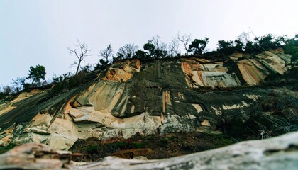Eroded cliff face shows various layers of rock; trees at top edge