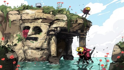 Isla rocosa con estructura de calavera, personajes fantásticos y flores