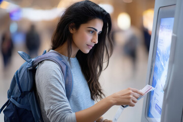 Indian traveler scanning her mobile boarding pass at an airport kiosk, casual wear and backpack,