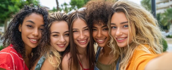 Obraz premium The diverse group of friends enjoying a sunny day together in a vibrant setting.
