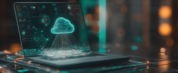 Fotobehang The Laptop Displaying a Holographic Cloud Computing Interface in a Modern Workspace © MP Studio