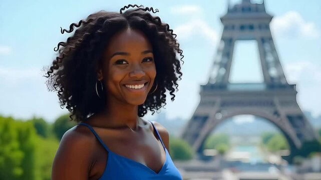 Black African American happy woman on holiday in Paris with the Eiffel Tower in the background