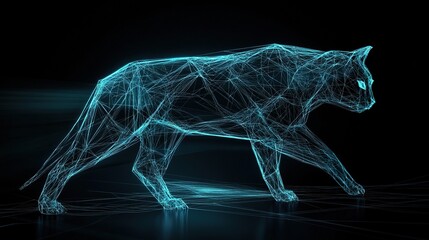 Fototapeta premium Abstract futuristic geometric animal silhouettes in wireframe style with glowing neon blue lines on dark black background. Cyber ​​​​wildlife concept of modern digital art, technology inspired design