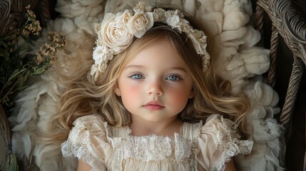 Child with floral crown and frilly dress rests within woven basket, looking forward intently